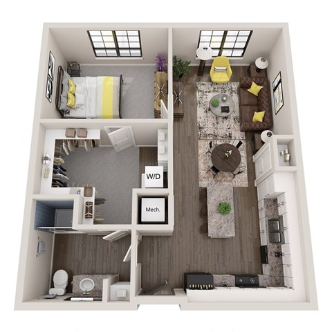Floor plan for 1 bed, 1 bath, 747 sqft